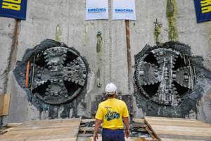 Am 12. Juni 2017 durchstießen die beiden EPB-Schilde im Bauabschnitt 40 des Abwasserkanals Emscher präzise die Zielwand beim Pumpwerk Oberhausen. Damit sind die Tunnel- und Rohrvortriebsarbeiten für die Renaturierung der Emscher planmäßig abgeschlossen worden 