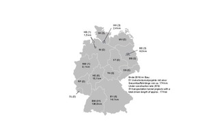  7	Length-related classification according to federal states (please see Table 2) for transportation tunnel projects under construction, with the number of registered transportation  