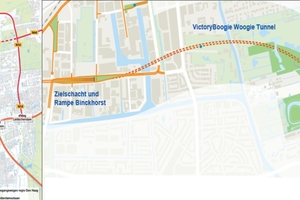  1	Projektübersicht Rotterdamsebaan, links Streckenverlauf in grün, rechts um 90° gedreht, mit einzelnen Bauabschnitten 