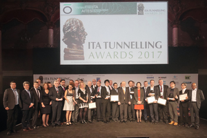  Winners of the ITA Awards in eight categories with Young Tunneller of the Year 2017 and recipient of the Lifetime Achievement Award as well as jurors at the ITA Award Conference in the Palais des Congrès 