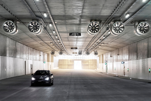  The north Katzenberg Tunnel shortly before opening: under the tunnel roof, the lighting rails along the grouped jet fans show the route along which smoke gases will be extracted in case of fire
 