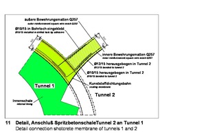  	Detail, connection shotcrete membrane of tunnels 1 and 2 