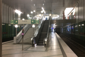  9	Dülferstraße underground station in Munich; stairs to intermediate level 