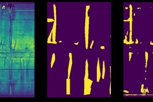  7	Results from the images analysis: A comparison between a human inspection (middle) and deep learning network predictions (right). The left image shows the data source 