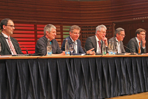  Panel discussion with the speakers of the afternoon session (from left to right): Dr. Stefan Moser (conference manager), Andreas Zimmermann, Etienne Garin, Prof. Konrad Bergmeister, Thomas Zieger, Andreas Weidinger and Dr. Martin Wittke 