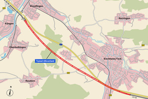  Streckenführung des Albvorlandtunnels mit der in konventioneller Bauweise erstellten Abzweigung der Nordröhre (links oben)
 