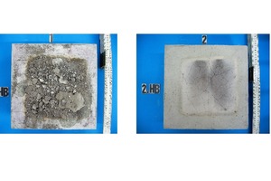  9 a)	Contact area of the glowing plate in the preliminary test using a repair render; b) contact area of the glowing plate in the preliminary test using a geopolymer concrete 