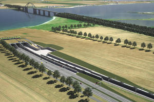  Visualization of the new Fehmarn Sound crossing: The picture shows the portal south of the planned immersed tunnel under the Fehmarn Sound on the mainland side. The 1963 bridge will remain in place when the 1.7 km long tunnel is put into operation – according to the plan in 2028
 