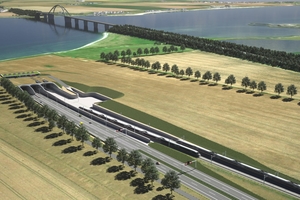  Visualization of the new Fehmarn Sound crossing: The picture shows the portal south of the planned immersed tunnel under the Fehmarn Sound on the mainland side. The 1963 bridge will remain in place when the 1.7 km long tunnel is put into operation – according to the plan in 2028 