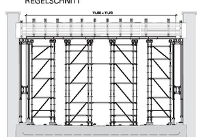  Due to the spatial system of a loadbearing scaffold, a relatively free-standing loadbearing construction can be built in advance without horizontal bracing .The loadbearing scaffold for the slab formwork from the scaffold building system Peri Up Flex consisted of several free-standing individual towers, connected to each other at the head by yoke and cross beams through the conventional slab formwork. This formed the base for the later concreting work 