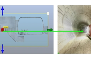  3 | Left: planned cross-section of a tunnel cross passage; right: cross passage in the construction phase. Point cloud images document the current state, which is compared with planned state through a model check 