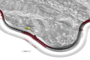  1 | Baufortschritt Semmering-Basistunnel, Stand Mai 2020 (bereits vorgetriebene Strecke ist rot markiert) 