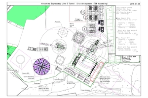  7 | The overall site layout: The alignment of the tunnel drive, indicated in pink coloured lines, is shown in the lower right. The modular slurry plant was assembled closest to the shaft and is shown in the upper right 