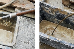  1 | Free discharge of standard cement suspension (left), free discharge of a combined cement-polyurethane suspension (right) 