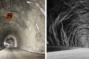  	Foto aus dem Tunnelinneren (links) und Visualisierung der Dreiecksvernetzung des 3D-Scans (rechts) 