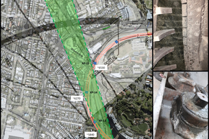  	Abschätzung des Grünsteingebiets durch F. Anghetti auf der Grundlage des von der TBM angetroffenen Untergrunds, der Bohrlochdaten und  [3]. Rechts: Tunnelwand mit Grünstein sowie abgenutzte Schneiddisken aus diesem Tunnelabschnitt 