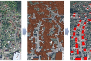  8	Development of existing buildings on Czech territory. From left to right: 2D cadastral map, surface model, 3D volume models 