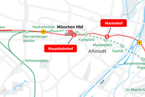 	Verlauf der 1. Stammstrecke (grün) und der neuen 2. Stammstrecke (rot) mit Tunnelstrecken (jeweils gestrichelt) sowie den drei neuen und zwei umzubauenden Stationen (rot) 