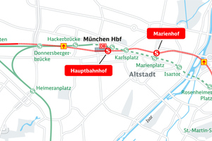  2	Route of the 1st main line (green) and the new 2nd main line (red) with tunnel sections (dashed) as well as the three new stations and two stations to be converted (red) 