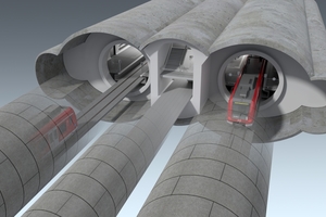  	Die beiden Tunnel werden im Hydroschildvortrieb getrennt voneinander aufgefahren und das neue Rettungskonzept mit der dritten Röhre in der Mitte umgesetzt 