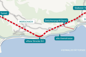  Übersicht über das Gesamtprojekt „A4 Neue Axenstraße“ inklusive Sisikoner Tunnel (gestrichelte Linie, rechts) 
