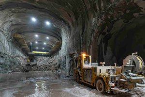  Concrete sprayer in one of the seven tunnels without containers. You can clearly see the tunnel walls and ceilings already secured with wet sprayed concrete 