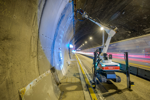  Three Fischer BauBots drilled over 9000 holes with a diameter of 20 mm and a drilling depth of 240 mm at heights of up to 7.5 m in the Engelberg Tunnel in a fully automated process 