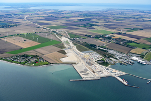  The Puttgarden construction site on the German side of the Fehmarn Belt Fixed Link in 2025, with the Fehmarn Sound separating the island of Fehmarn from the German mainland visible in the background 