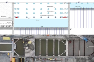  7	Longitudinal section and aerial view of the launch pit, diaphragm wall box (left) and jointing chamber (right) 