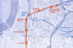  Route alignment of the existing Metro lines as well as the new Wehrhahn Line (red marking) 