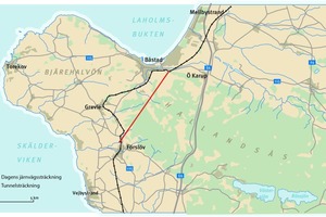  <div class="bildtext">Planung und Ausführung des Vortriebs für den Hallandsås-Tunnel (rot markiert) benötigten aufgrund extremer geologischer Bedingungen beinahe acht Jahre</div> 