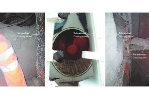  Left: View from the face through the cutting wheel aperture of the wall of compacted clogged material as an “obstacle” in front of the screw conveyor aperture. Centre: comparative photo prior to the start of the drive showing a view through the cutting wheel aperture towards the screw conveyor. Right: subsequently installed cleaning arm 