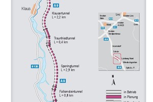  Die Tunnelkette Klaus der österrischischen Autobahn A9. Die farbige Strecke markiert den derzeit laufenden Vollausbau | 
