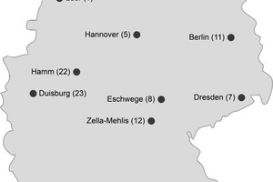  Übersicht einiger Tunnelleitstellen in Deutschland mit der jeweiligen Anzahl der zu überwachenden Tunnel. Welchen Anforderungen die Operatoren mit steigender Anzahl zu überwachender Tunnel gegenüberstehen, wurde im Rahmen des Forschungsprojektes ESIMAS untersucht 