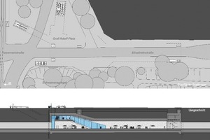  7 U-Bahnhof Graf-Adolf-Platz mit Grundriss/Schnitt (links) und 3-D-Architekturmodell (rechts) 