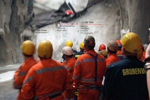  The moment of the 9.4 m diameter tunnel-boring machine‘s breakthrough in the eastern bore after completion of the two southern lots of the 57 km Gotthard Base Tunnel  