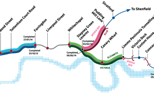  Überblick über den Fortschritt der Crossrail Tunnelbauarbeiten; Stand: Mitte Juni 2014 