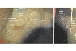  Excavation chamber with compressed air access with the slurry completely lowered: left: wall of clogged material covered with slurry residues along the shield cutting edge above the flushing nozzles (direction of flushing in the floor area: red arrow). Right: residues of the wall of clogged material with an internal set-up of gravel and stone components in a stiff clogged matrix during cleaning operations 