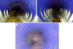  Visual check: comparison of camera inspections at 58.3 m.
a) One month after start of tests; b) 10 months after start of tests; c) Recording during the final cleaning phase following the HCl test, 16 months after tests started 