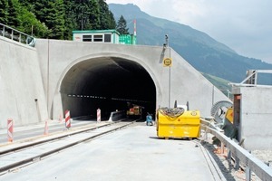  The Cassanawald Tunnel, closed in one direction (foreground) for installation of the fire-safety system from rail flatcars   