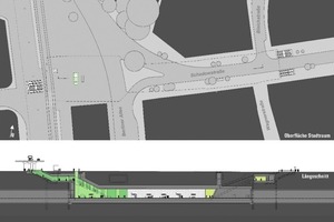  6 U-Bahnhof Schadowstraße mit Grundriss (links) und 3-D-Architekturmodell (rechts) 