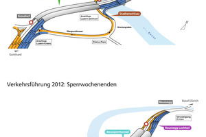  Traffic setup 2012 on working days between 8 pm and 6 am (left) and for a weekend closure (right) 