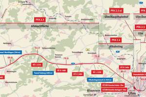  2)	Overview of the eastern part of the new rail route with plan approval section PFA 2.3 | 