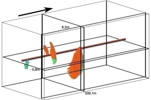  6&nbsp; Example of a 3D cube: marked here is the reflector for the shaft SA12 at TM 339.1 on the right outside the route (please also see Figs. 7 + 8). The tunnel axis is presented in the form of a red line, the arrow shows the direction of the drive 