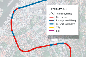  	Overview of the West Link	Blue = concrete tunnel built in fill/soil; red = tunnel built in rock; purple = bridge; blue/red = concrete tunnel in rock; yellow = trough structure 