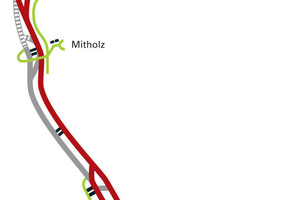  Streckenverlauf des Lötschberg-Basistunnels mit zukünftiger Ausbaustrecke (grau) im Abschnitt Ferden–Mitholz und optionaler Vollausbauvariante 