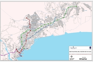  <div class="bildtext">Übersicht des geplanten Metronetzes für Panama-Stadt. Rot: Linie 1 (Fertiggestellt von der Station Albrook bis Los Andes im April 2014; Grün: Linie 2 (Fertigstellung für 2017 vorgesehen); Violett: Linie 3 (in Planung), Hellblau: Linie 4 (in Planung)</div> 