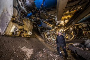  A member of the Robbins Field Service team inspects the gripper of one of the Liaoning NOW Main Beam TBMs 