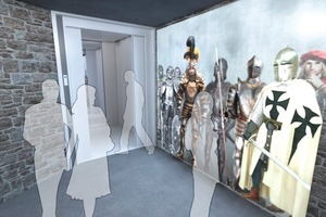  <div class="bildtext_en">Presentation of the film projection in front of the elevator with a waiting throng of mythical figures</div> 