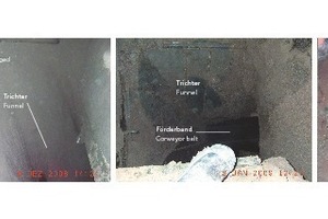  <div class="bildtext_en">Left: Transfer funnel within the muck ring with walls of compacted clogged material at the edge. Centre: comparative photo with view of the cleaned transfer funnel. Right: cleaning the transfer funnel at the interior of the muck ring</div> 
